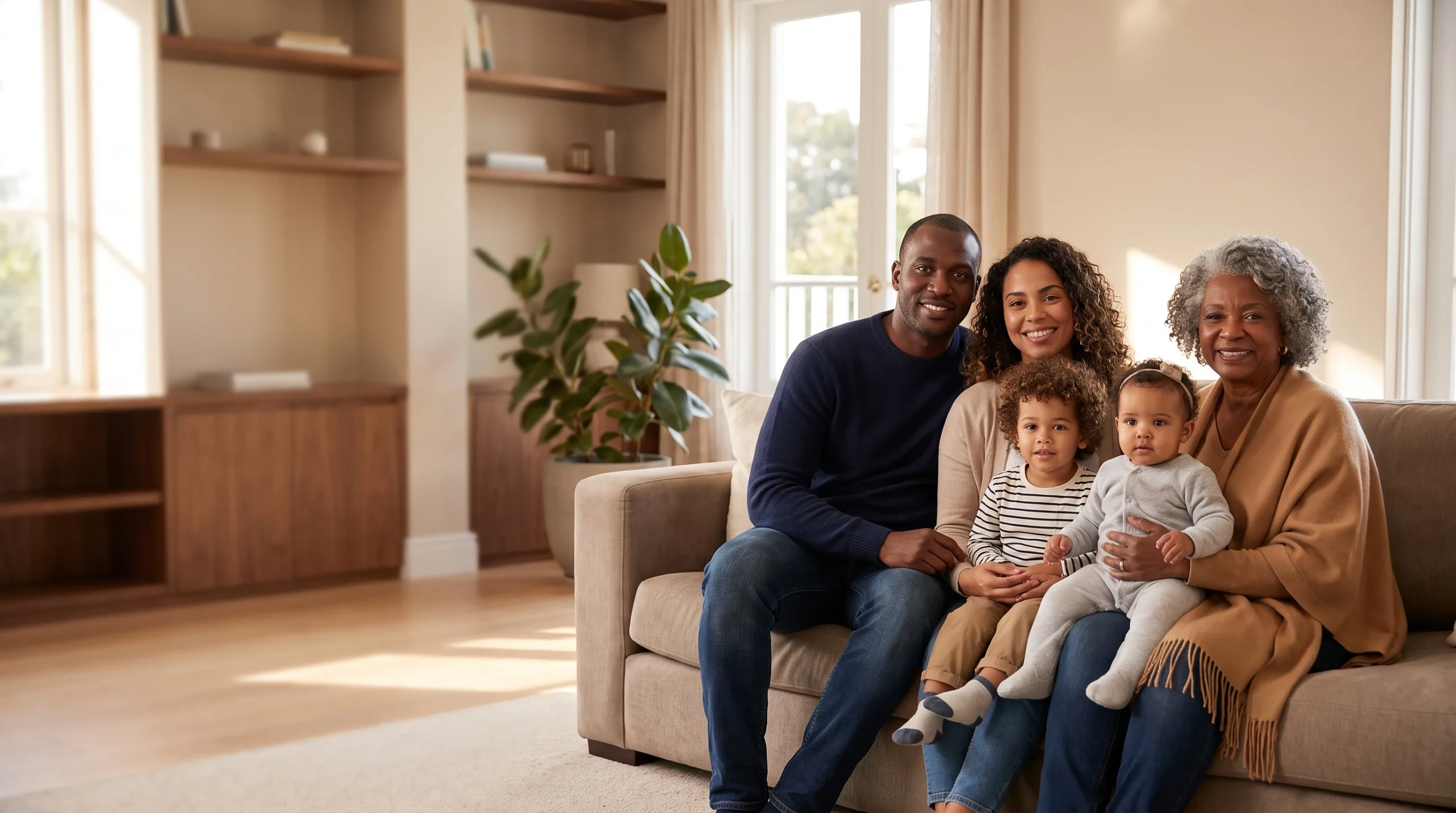 Família multirracial reunida no sofá com a avó