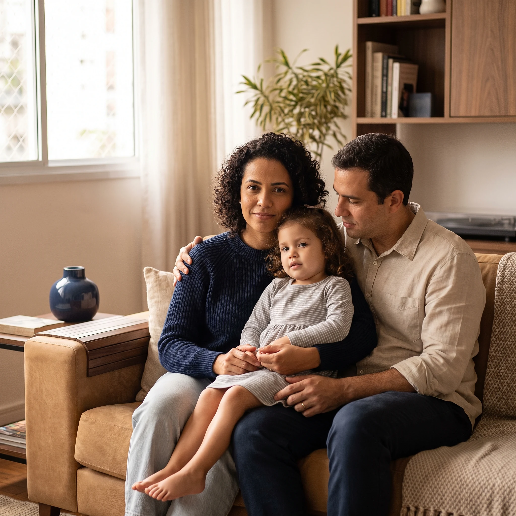 Família reunida no sofá de casa
