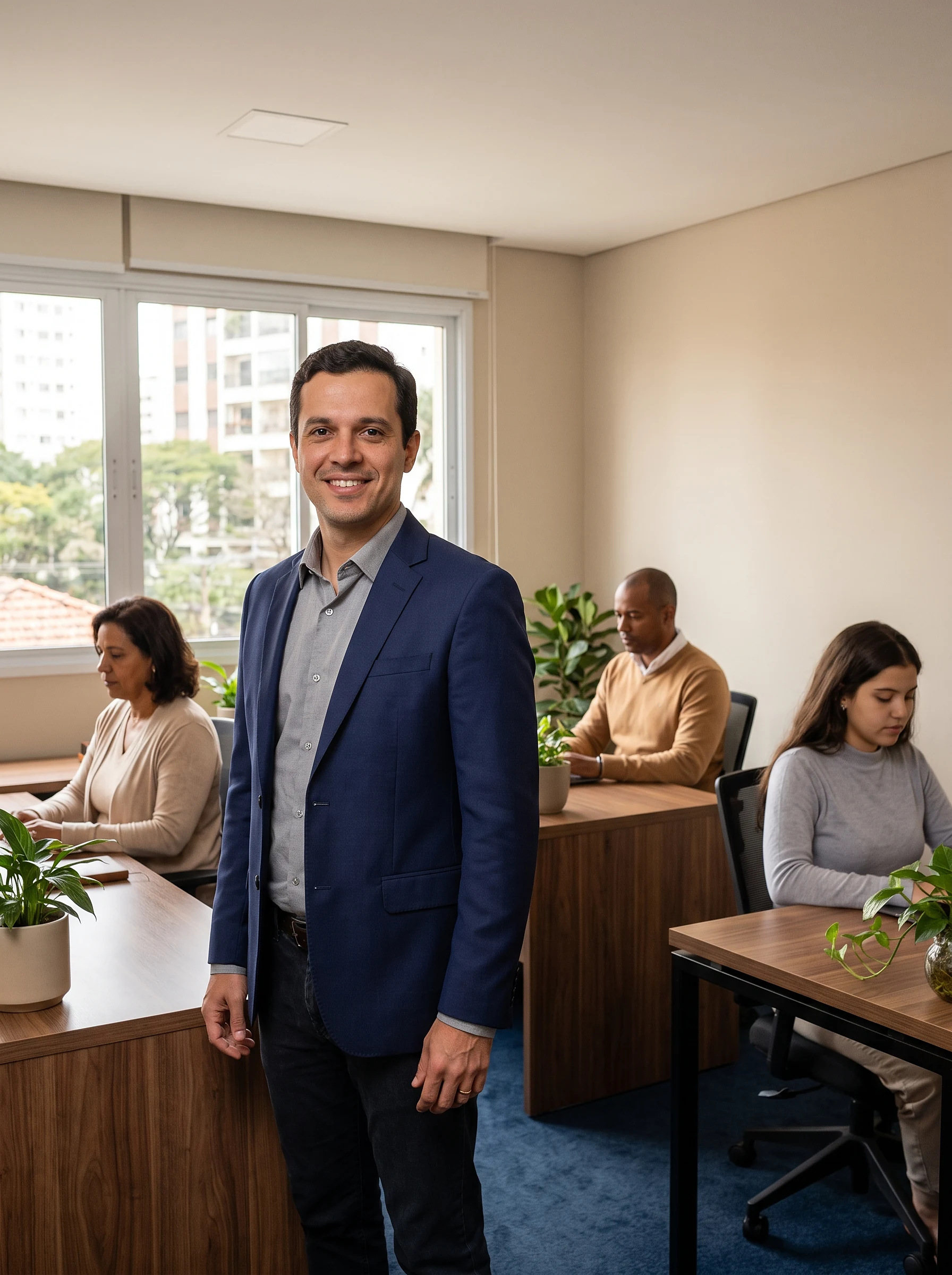 Empresário no escritório com a equipe ao fundo