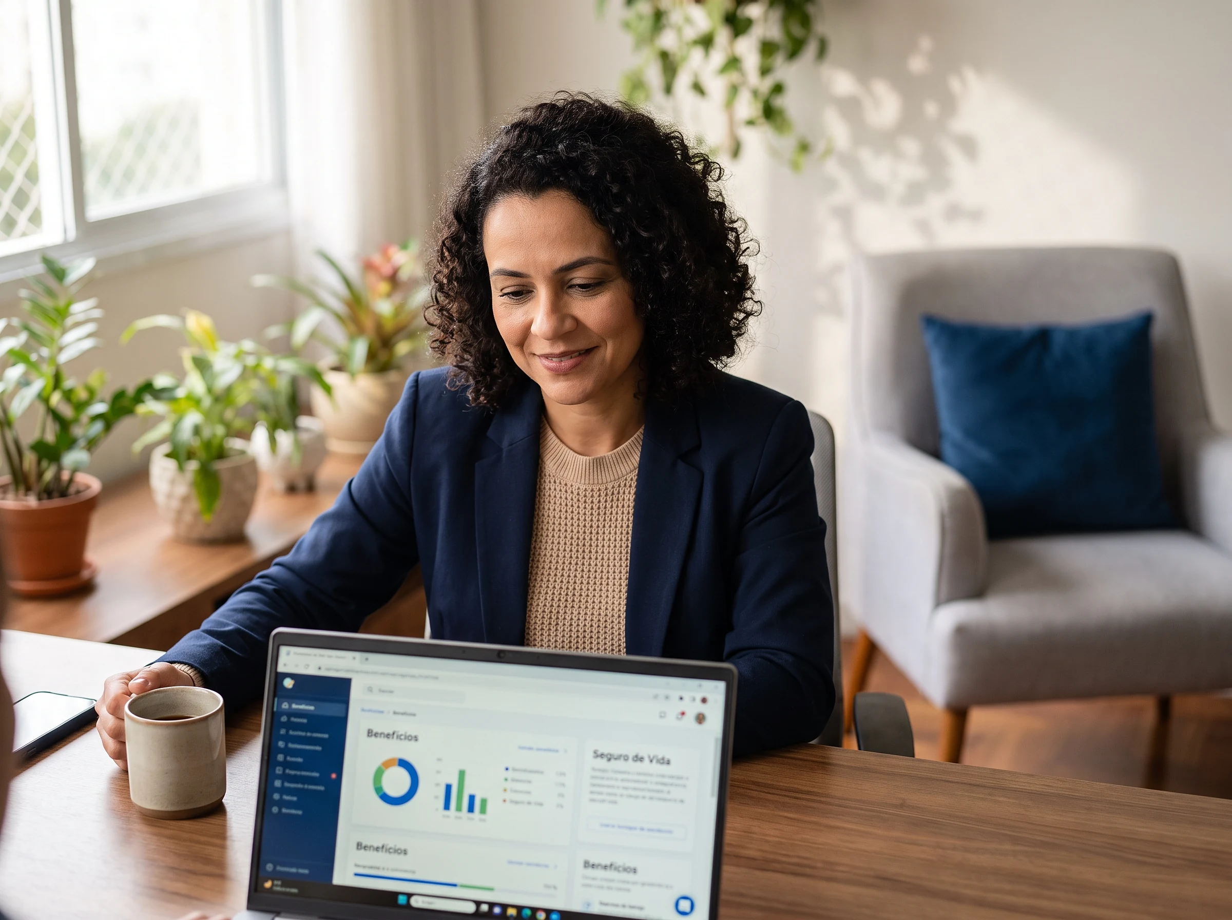 Gestora de RH analisa benefícios no notebook