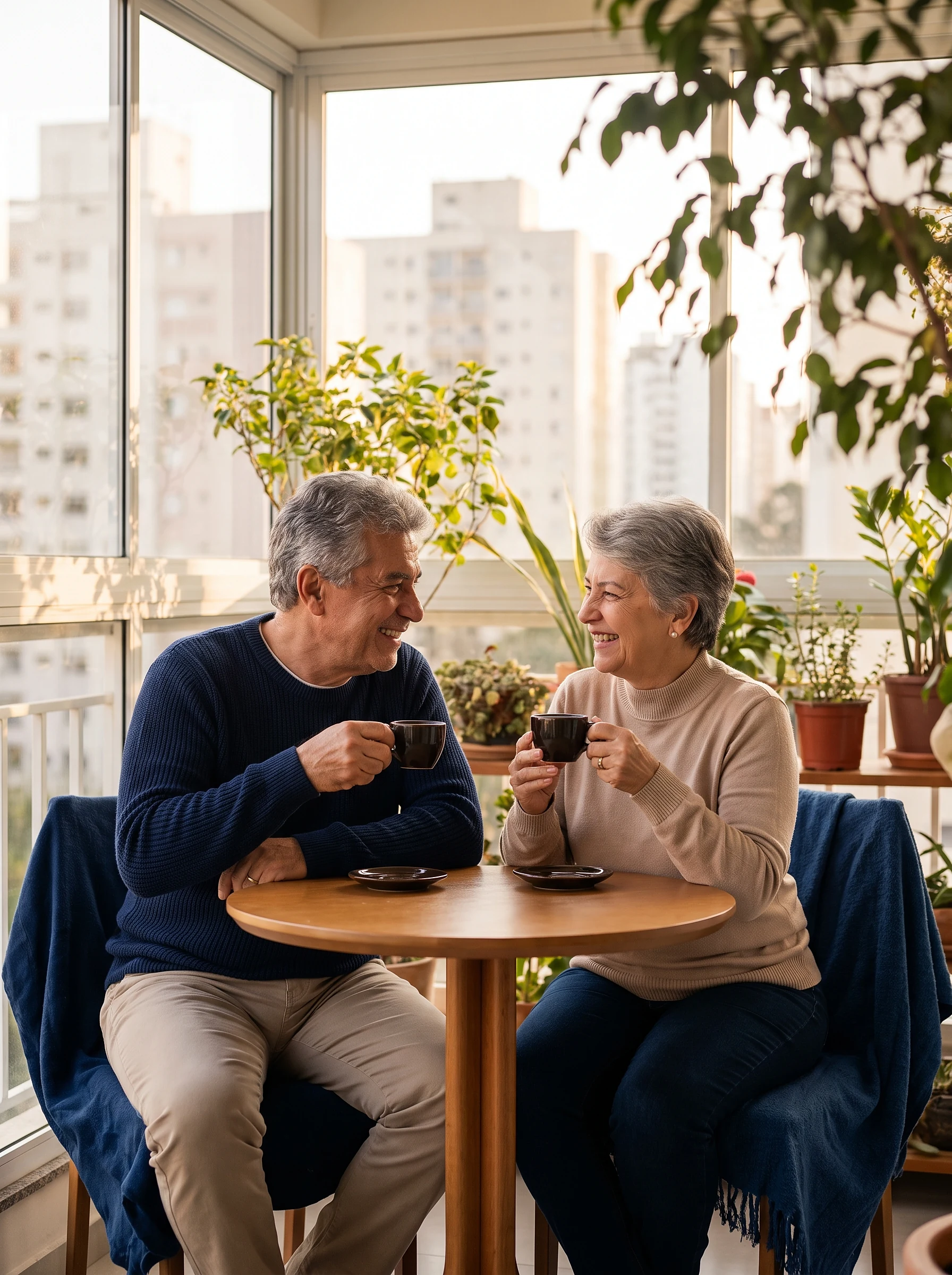 Casal aposentado tomando café na varanda